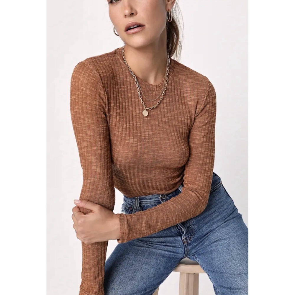 Free People Intimately Aura Coffee Long Sleeve Semi Sheer Tee XL Layering